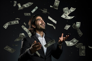 Happy businessman trying to catch a lot of money in the air against dark background.