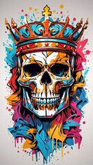 A Detailed, Colourful Graffiti Illustration Of A Skull Face And A Crown.
