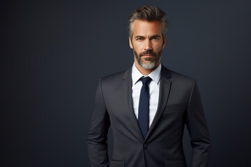 Portrait of businessman standing on grey background, generative ai 
