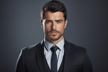 Portrait of businessman standing on grey background, generative ai 