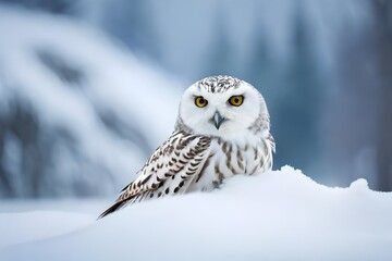 white snow owl on the branch of tree covered with snow 
