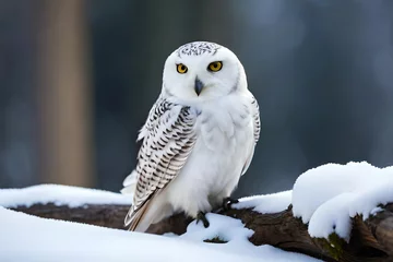 Poster white snow owl on the branch of tree covered with snow  © Huang