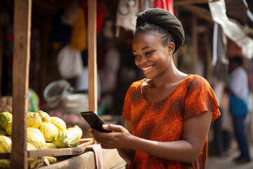 Portrait of smiling african woman using mobile phone in a local market.