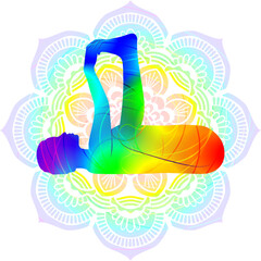 Colorful silhouette yoga posture. Happy Baby pose or Blissful Baby pose. Dead Bug posture. Ananda Balasana. Supine and Balancing. Isolated vector illustration. Mandala background.