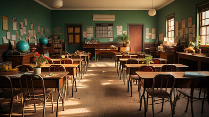 Fototapeta na wymiar interior of modern school hall with chairs and desks