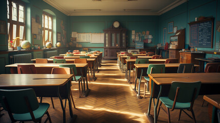 interior of modern school hall with chairs and desks