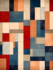 A background - beige rug with brown and blue blocks with rounded corners, in the style of holotone printing, pointillist precision, flowing fabrics, smooth brushstrokes, light crimson and dark beige,