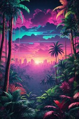 A Dense Tropical Forest With Synthwave Aesthetic Scenes From A Panoramic Point Of View.
