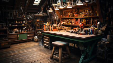 vintage wooden table in workshop with tools - obrazy, fototapety, plakaty