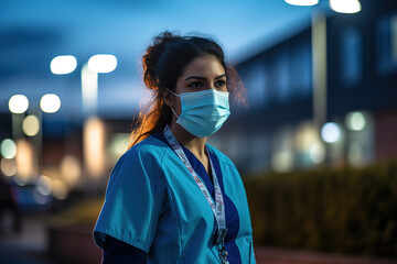 Young female Emergency Medical Service worker wearing protective face mask in front of healthcare ICU facility at night.
