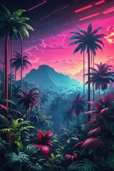 A Dense Tropical Forest With Synthwave Aesthetic Scenes From A Panoramic Point Of View.
