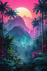A Dense Tropical Forest With Synthwave Aesthetic Scenes From A Panoramic Point Of View.
 - obrazy, fototapety, plakaty