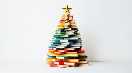 Christmas tree made from pile of books. Colorful Books in the form of christmas tree on white background. Creative Chirstmas background in minimalist style. Holiday book sale, Christmas reading.