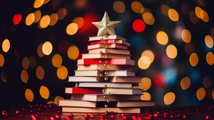 Christmas tree made from pile of books. Colorful Books in form of christmas tree on bokeh lights background. Creative Chirstmas background in minimalist style. Holiday book sale, Christmas reading.