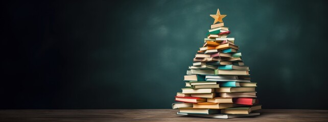 Christmas tree made from pile of books. Colorful Books in the form of christmas tree on green...