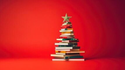 Christmas tree made from pile of books. Colorful Books in the form of christmas tree on red background. Creative Chirstmas background in minimalist style. Holiday book sale, Christmas reading. - Powered by Adobe
