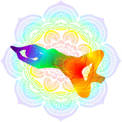 Fototapeta na wymiar Colorful silhouette yoga posture. Extended Supine Bound Angle pose. Supta Baddha Konasana. Supine and Neutral. Isolated vector illustration. Mandala background.