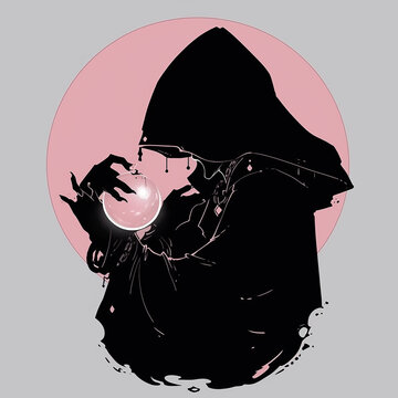 recommend clip art: Monotone silhouette of a veiled fortune teller in front of a round crystal ball created with Generative Ai