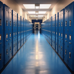 Nostalgic Hallway of a School with Blue Lockers & Fluorescent Lights - Recollecting High School Days & Adolescence. Generative AI. - obrazy, fototapety, plakaty