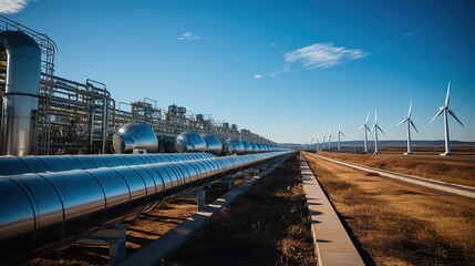 Fototapeta premium A hydrogen pipeline with wind turbines. Renewable industry from wind turbine facilities.