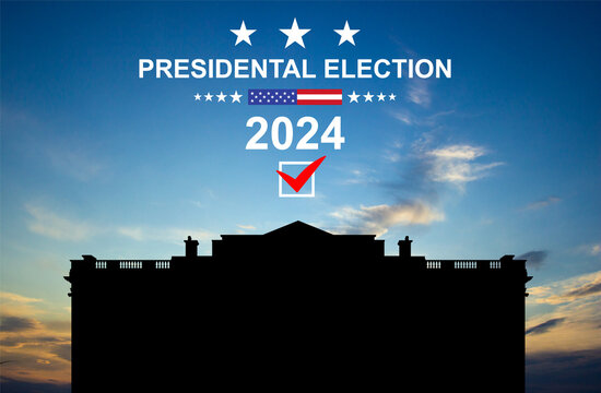 Presidental election 2024 banner with White House and USA flag against the sunset