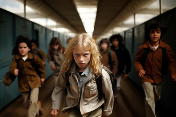 In a school corridor, a distressing scene unfolds as a group of children relentlessly chase another student. The ringleader, a Caucasian boy with long hair, leads the pursuit.  - obrazy, fototapety, plakaty