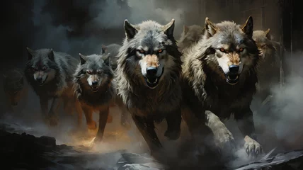 Zelfklevend Fotobehang group of wild wolves in the forest © Aghavni