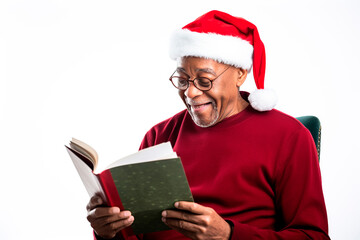 African American senior man wearing santa hat sitting reading a book