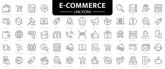 Fototapeta na wymiar E-Commerce line icons. 60 E-commerce, online shopping and delivery icon.