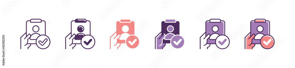 Aufkleber hand holding a clipboard data hiring job interview with checkmark icon vector business employee recr