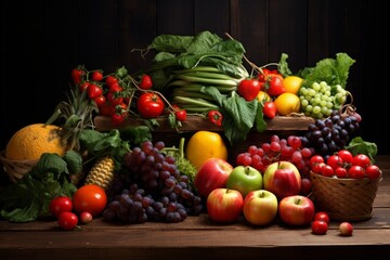 Fruits and vegetables in a basket on a wooden background. Healthy food.