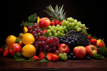 Composition with assorted fruits on wooden table, black background. Balanced diet