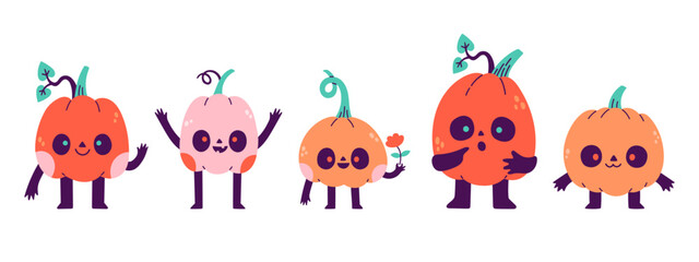 Halloween holiday cute character pumpkin set. Childish print for cards, stickers and party invitations. Vector
