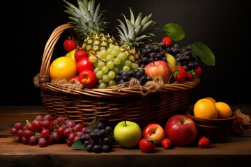 Fresh fruits in a basket on a wooden table with a dark background