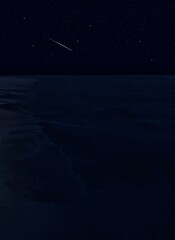 mysterious coastline at night with waves on the ocean coast and falling stars and moon at the sky