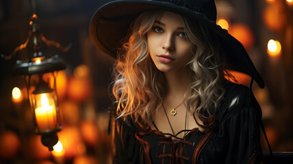 Fototapeta premium beautiful woman dressed in witch costume for halloween