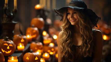 beautiful woman dressed in witch costume for halloween - obrazy, fototapety, plakaty