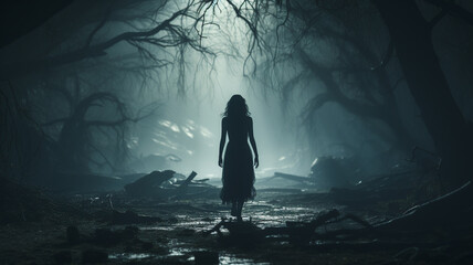 silhouette of woman walking in forest - obrazy, fototapety, plakaty