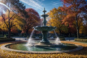 An autumn park with a big fountain at the center