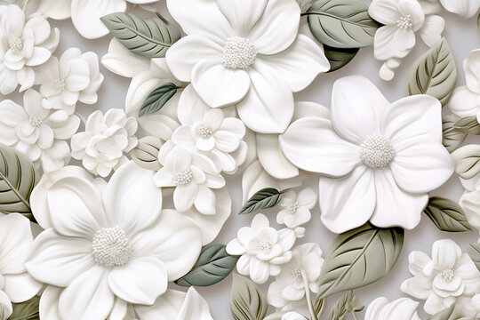 3D ultra realistic white floral flowers background repeating pattern created with Generative Ai © Andrii Yablonskyi