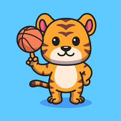 Tiger Spinning Basketball Cartoon Illustration