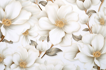 Obraz na płótnie Canvas 3D ultra realistic white floral flowers background repeating pattern created with Generative Ai