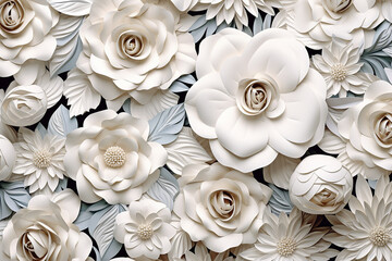 3D ultra realistic white floral flowers background repeating pattern created with Generative Ai