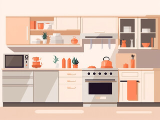 Illustration elevation of modern design kitchen cabinet equipped with kitchen tools. Using bright colors to give a cheerful mood.