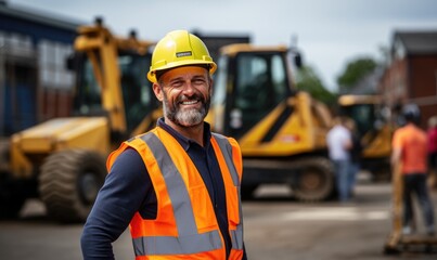 Portrait of smiling worker man in helmet. Male engineer wearing safety vest and hard hat standing in manufacturing or construction site. Positive emotion good job.