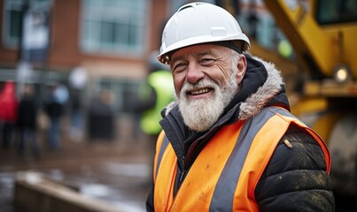 Portrait of smiling worker mature man in helmet. Male engineer wearing safety vest and hard hat standing in manufacturing or construction site. Positive emotion good job. - obrazy, fototapety, plakaty