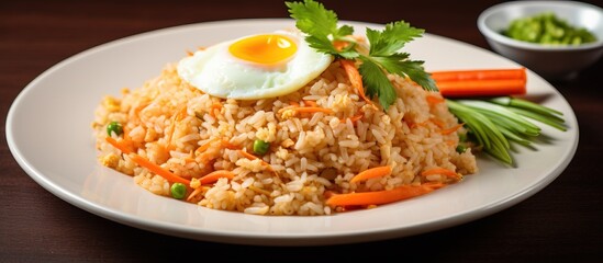 Fototapeta premium Quick and easy Thai fried rice with egg carrot on a white plate