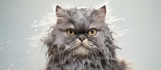 Wet grey persian cat being groomed for pet hygiene