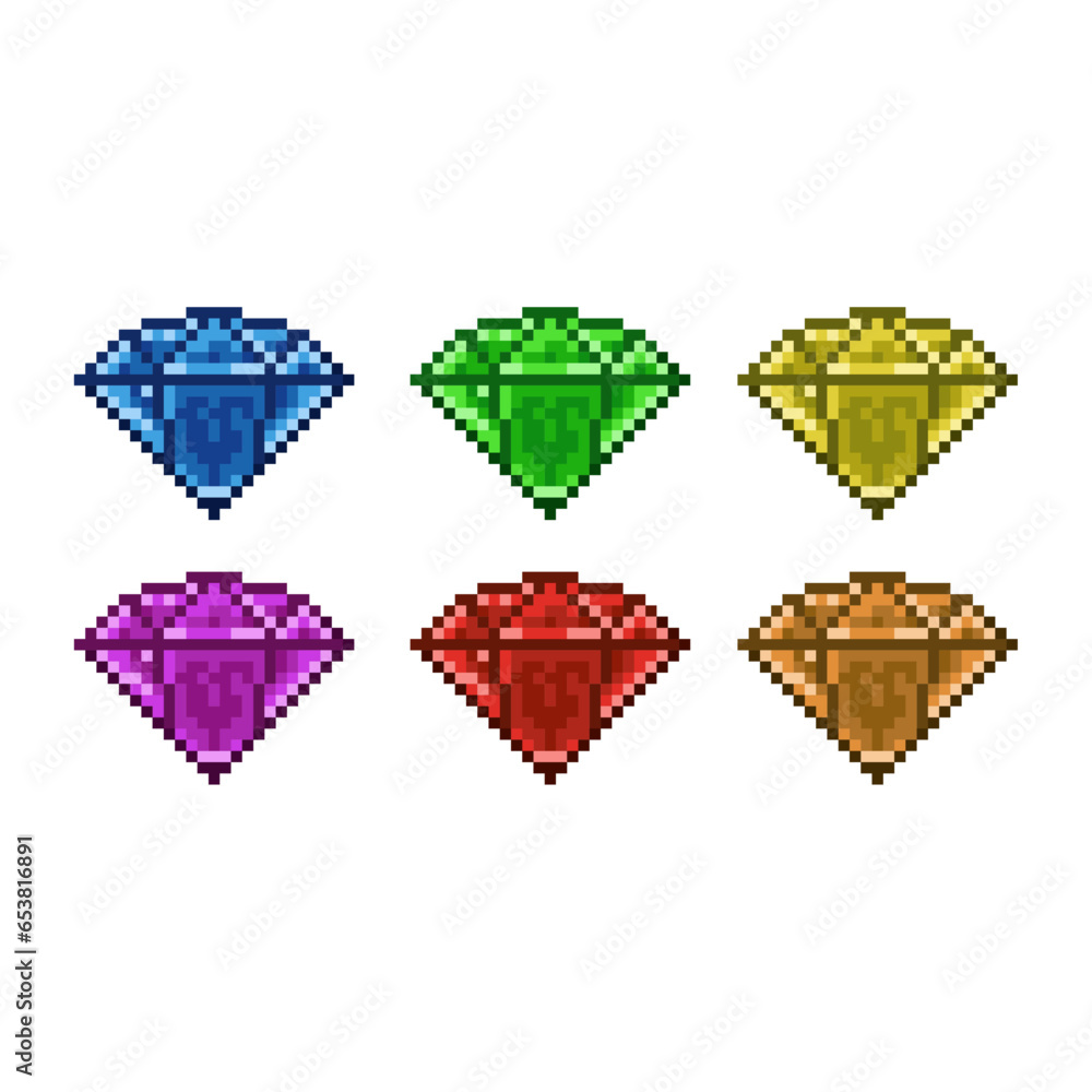 Fototapete pixel art sets of diamond with variation color items asset. simple diamond on pixelated style.8bits 