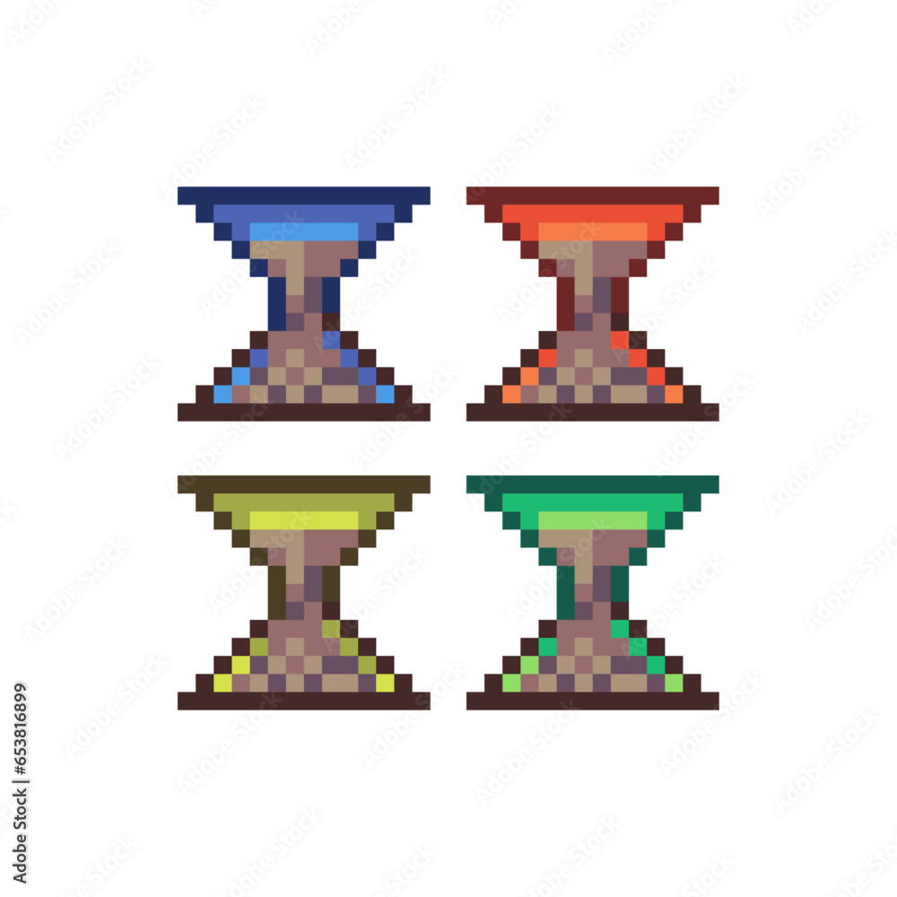 Poster pixel art sets of hourglass with variation color items asset. simple hourglass timer on pixelated st
